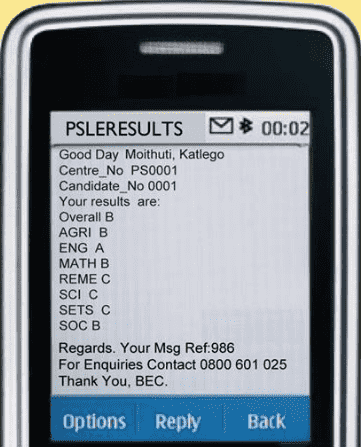 Step 1 : PSLE Results 2020 Botswana via SMS